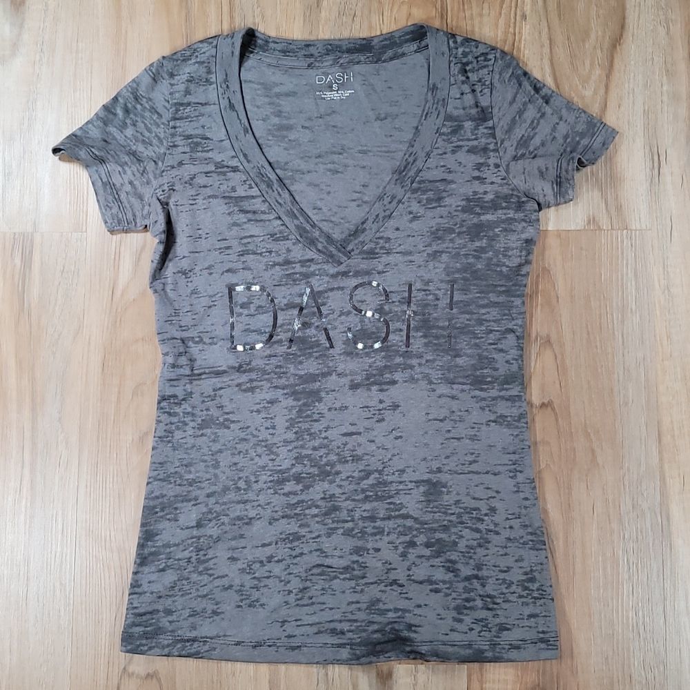 🔹️Dash Gray Burnout & Silver Dash Vneck Short Sleeve Top Small